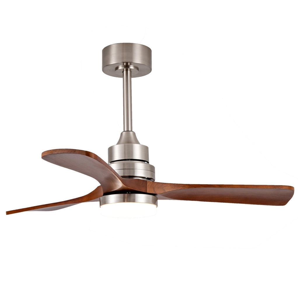 Ventilatore da soffitto con luce e telecomando; 3 pale in legno massello; nickel