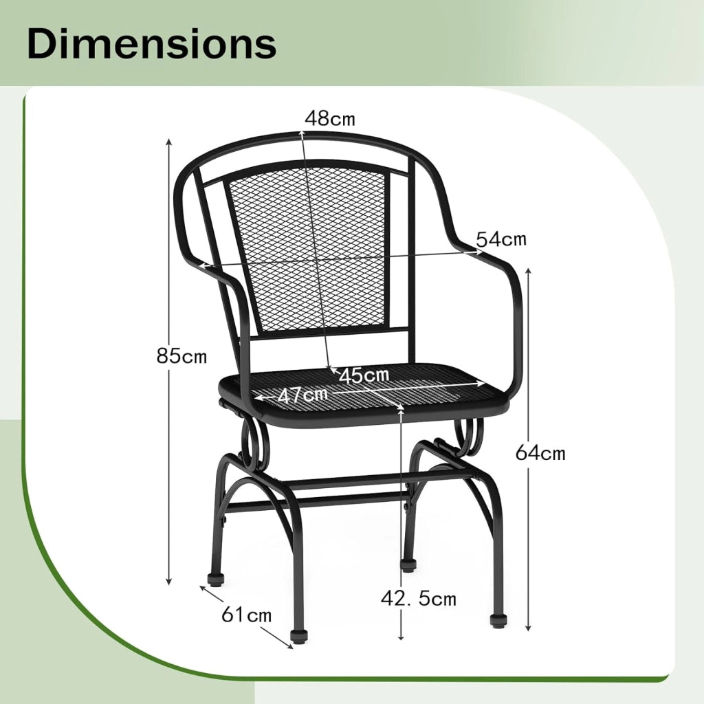 Set di 2 sedie a dondolo, schienale ergonomico, seduta in rete metallica, cuscinetti regolabili, sedia a dondolo per giardino, balcone, bordo piscina, capacità 150 kg, colore nero