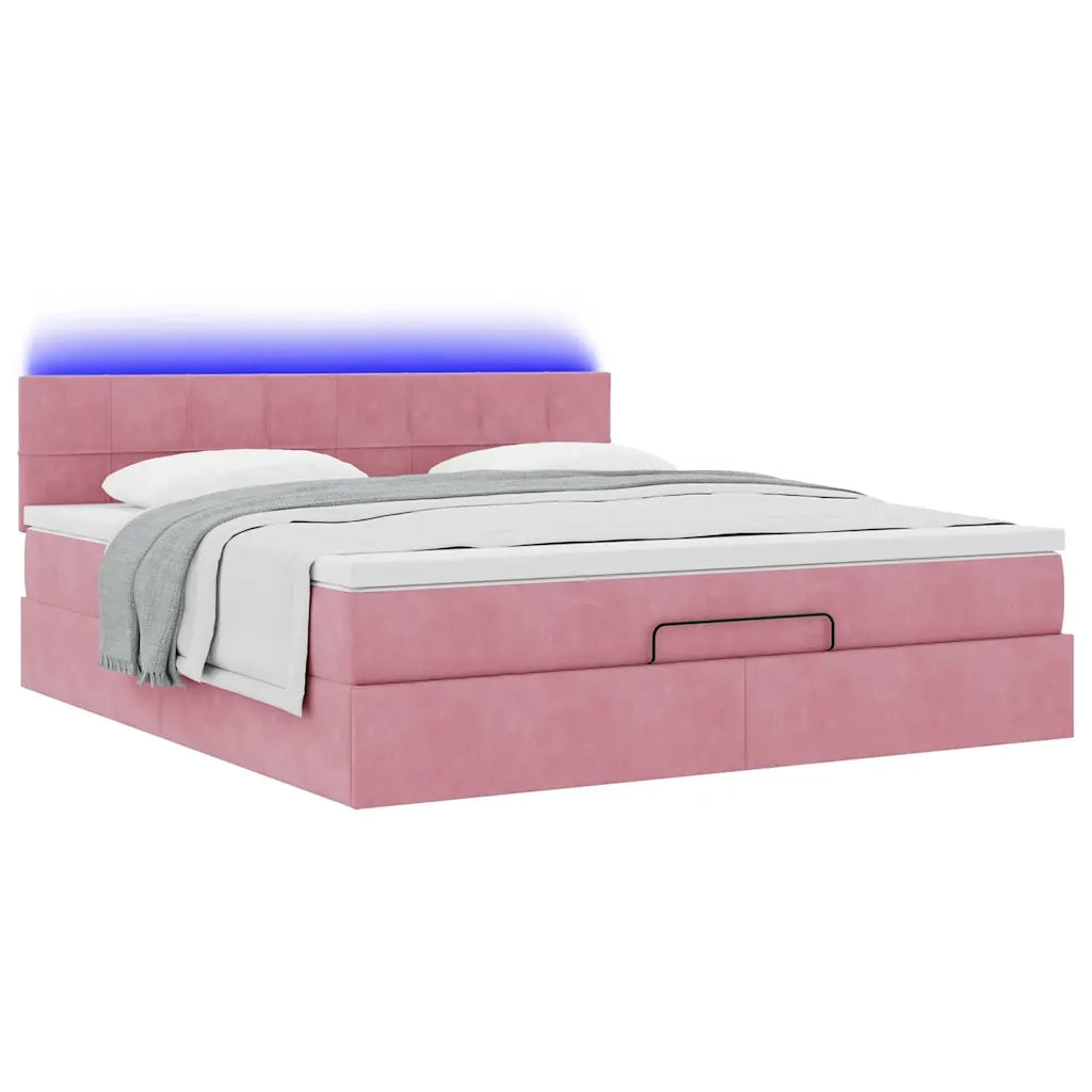 Pouf Letto con Materasso e LED Rosa 180x200cm in Velluto