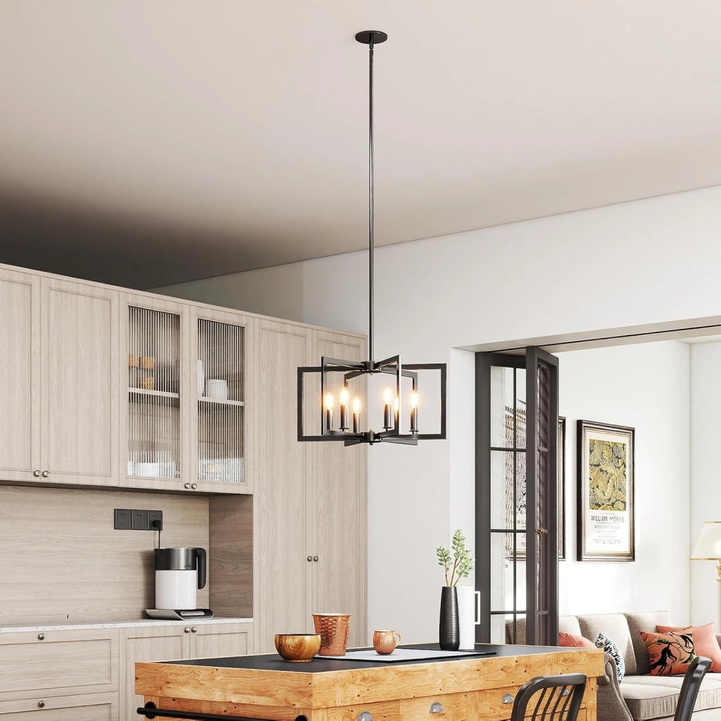 Lampadario a Sospensione a 6 Luci, Lampada a Sospensione Geometrica Moderna in Metallo Industriale con Altezza Regolabile, Lampada da Soffitto per Cucina, Salotto e Camera da Letto (Nero)