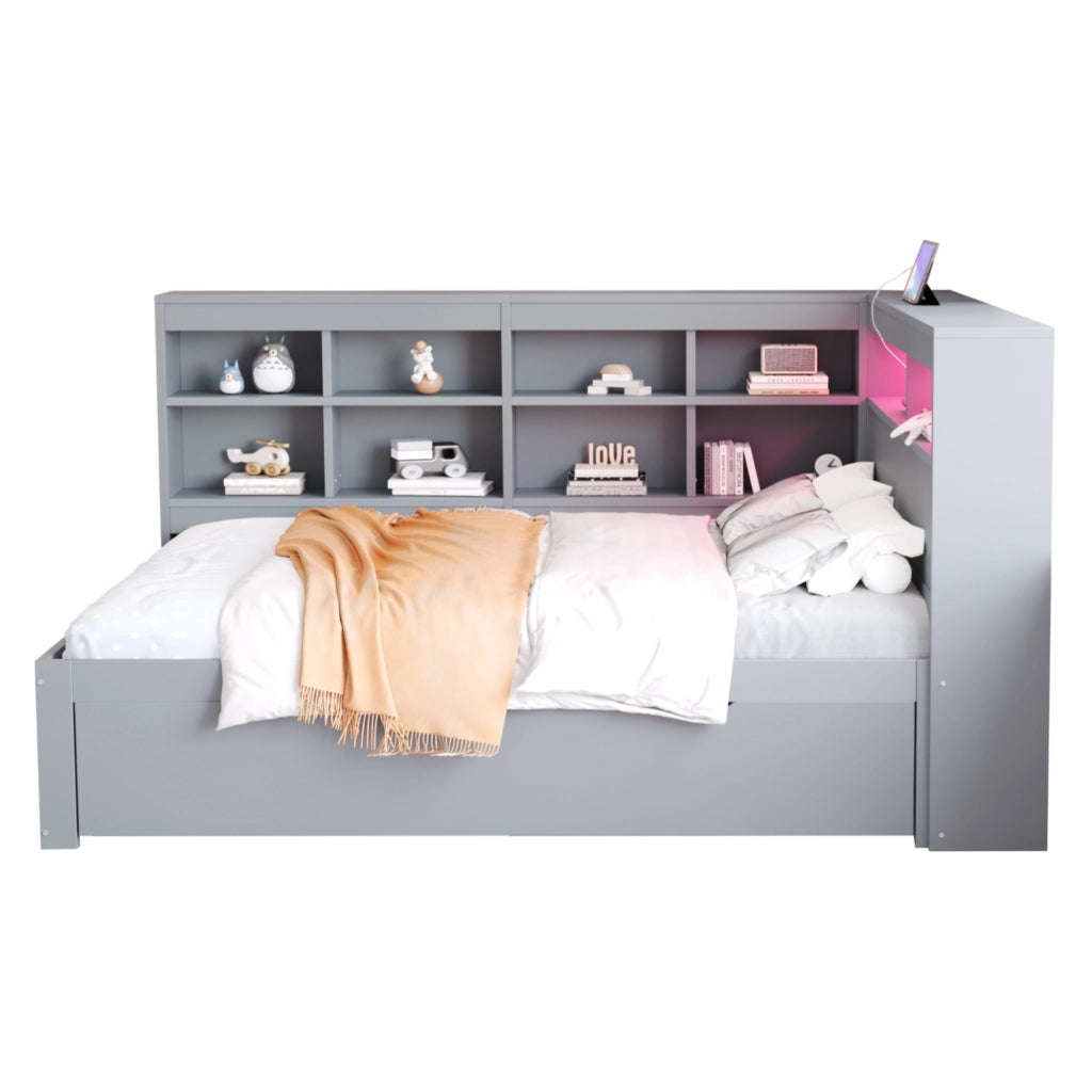 DESMIU Letto matrimoniale 140 × 200 cm 2 posti con USB, LED, ripiani e vani, senza materasso, in legno, grigio