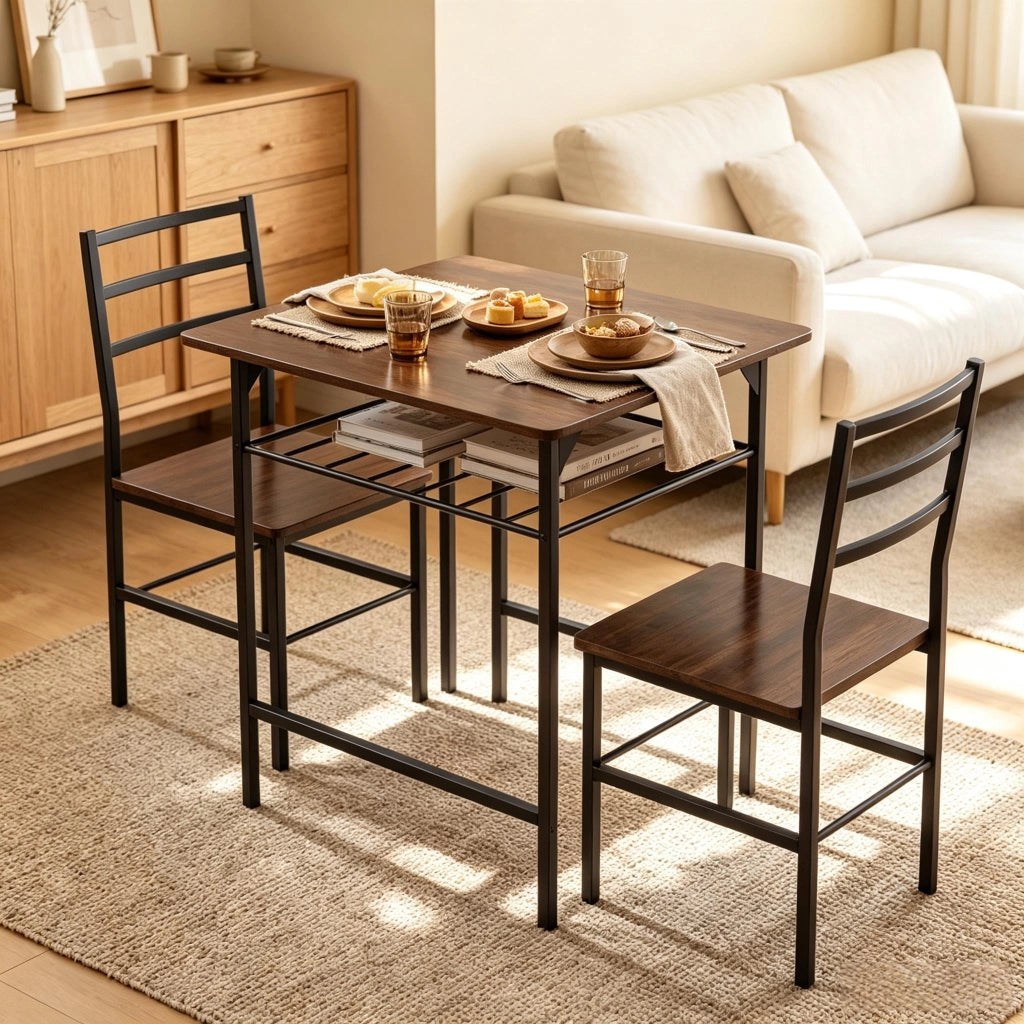 Set da pranzo compatto con tavolo e 2 sedie, design industriale salvaspazio