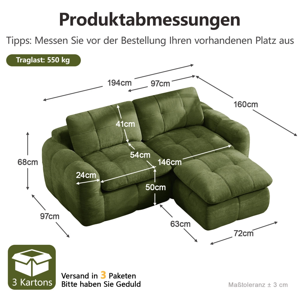 Divano modulare angolare 2 posti con pouf 194x160x68 cm in chenille verde