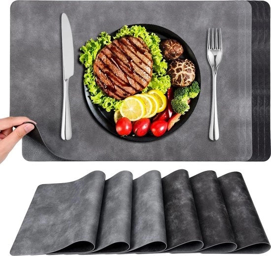 Piatti da tavolo in pelle lavabili - 6 pezzi - antiscivolo - resistente al calore - per uso domestico e ristorante - nero e grigio