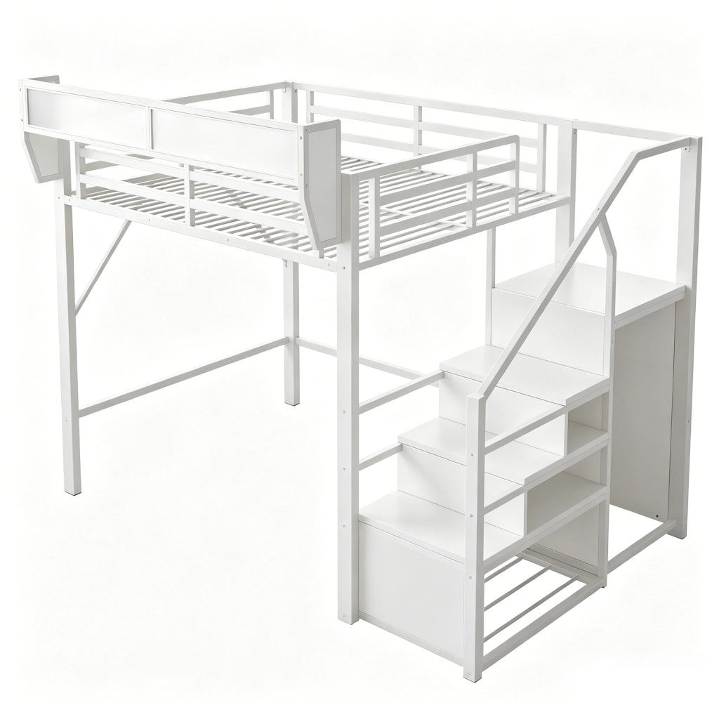 Letto a soppalco 140x200 cm in metallo con LED, scala di sicurezza e ripiano flessibile, bianco