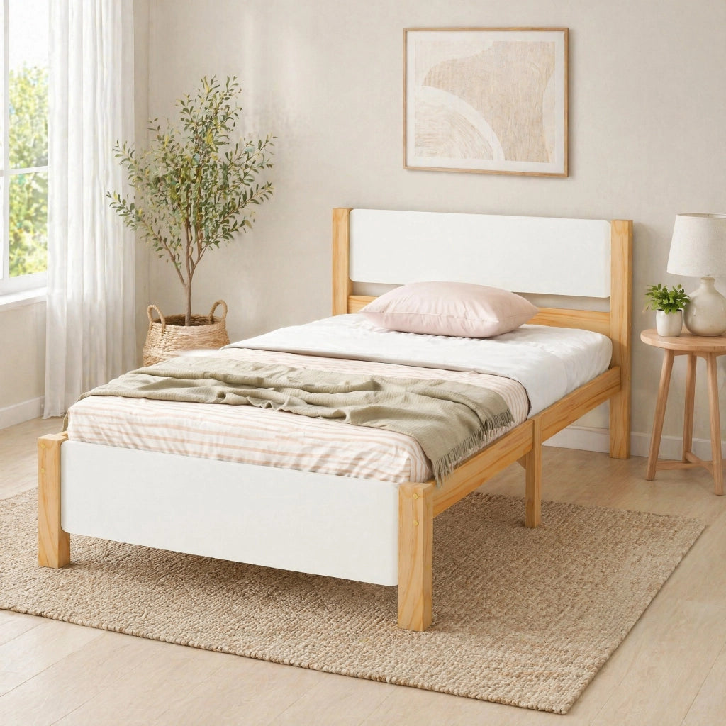 Letto singolo 90x200 cm in pino e MDF bianco/naturale