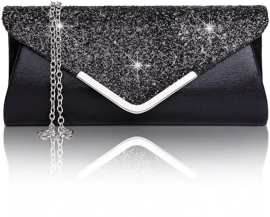 Clutch da donna con pizzo e decorazioni con pietre e catena rimovibile in metallizzazione argento dorata e rosso scuro (nero)