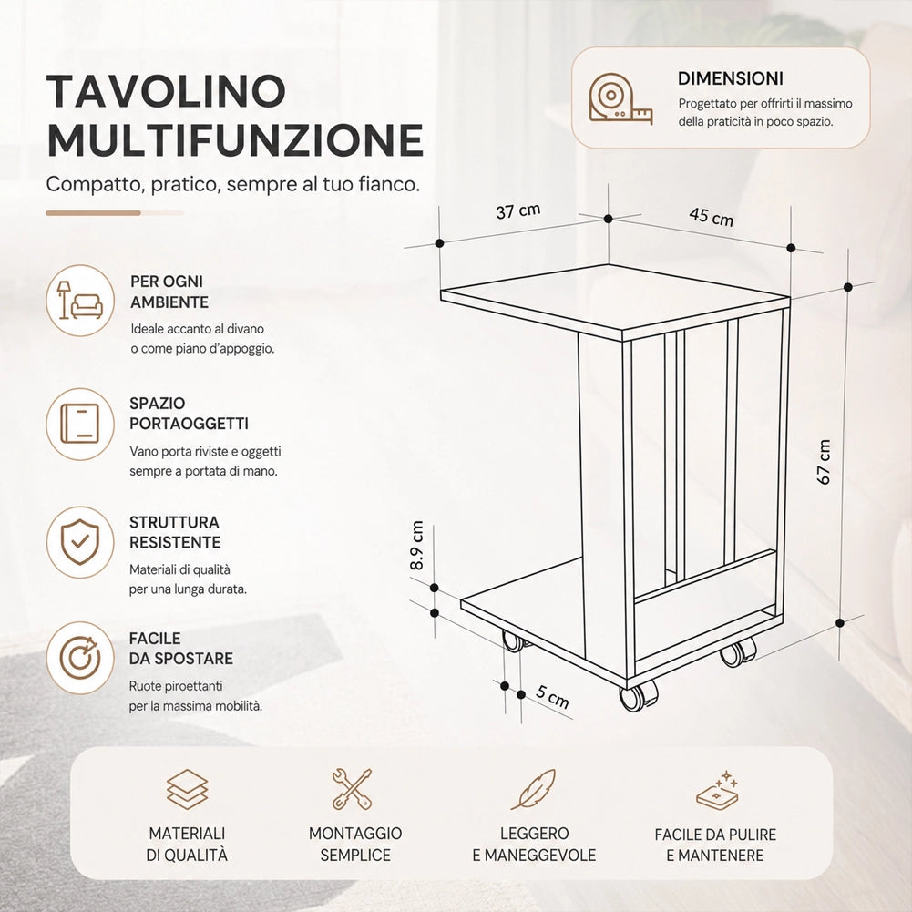 Tavolino Ausiliario con Ruote Design Moderno Mobile Letto Divano Colore Bianco