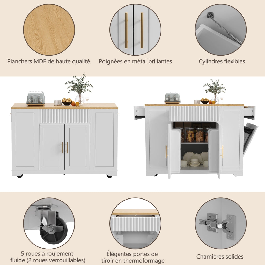 OKWISH Carrello da Cucina con 2 Ante, 3 Cassetti, Vano per Rifiuti e 5 Ruote, per Cucina, 120 × 50 × 92 cm