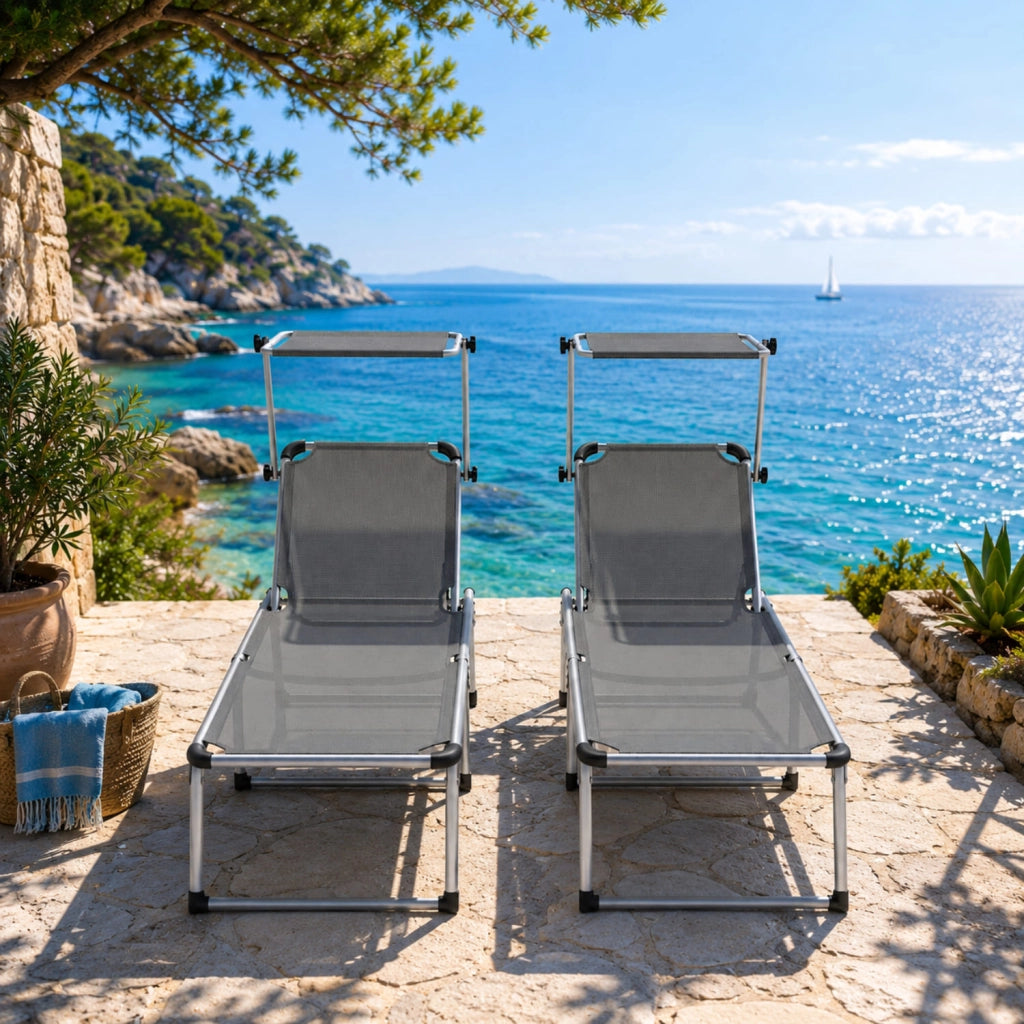 Set 2 Lettini Da Sole Richiudibili Con Tettuccio Ombreggiante Schienale Reclinabile A 6 Regolazioni Struttura Leggera Ideali Per Mare Spiaggia Giardino Piscina 187 x 59 x 29 Cm Grigio Scuro