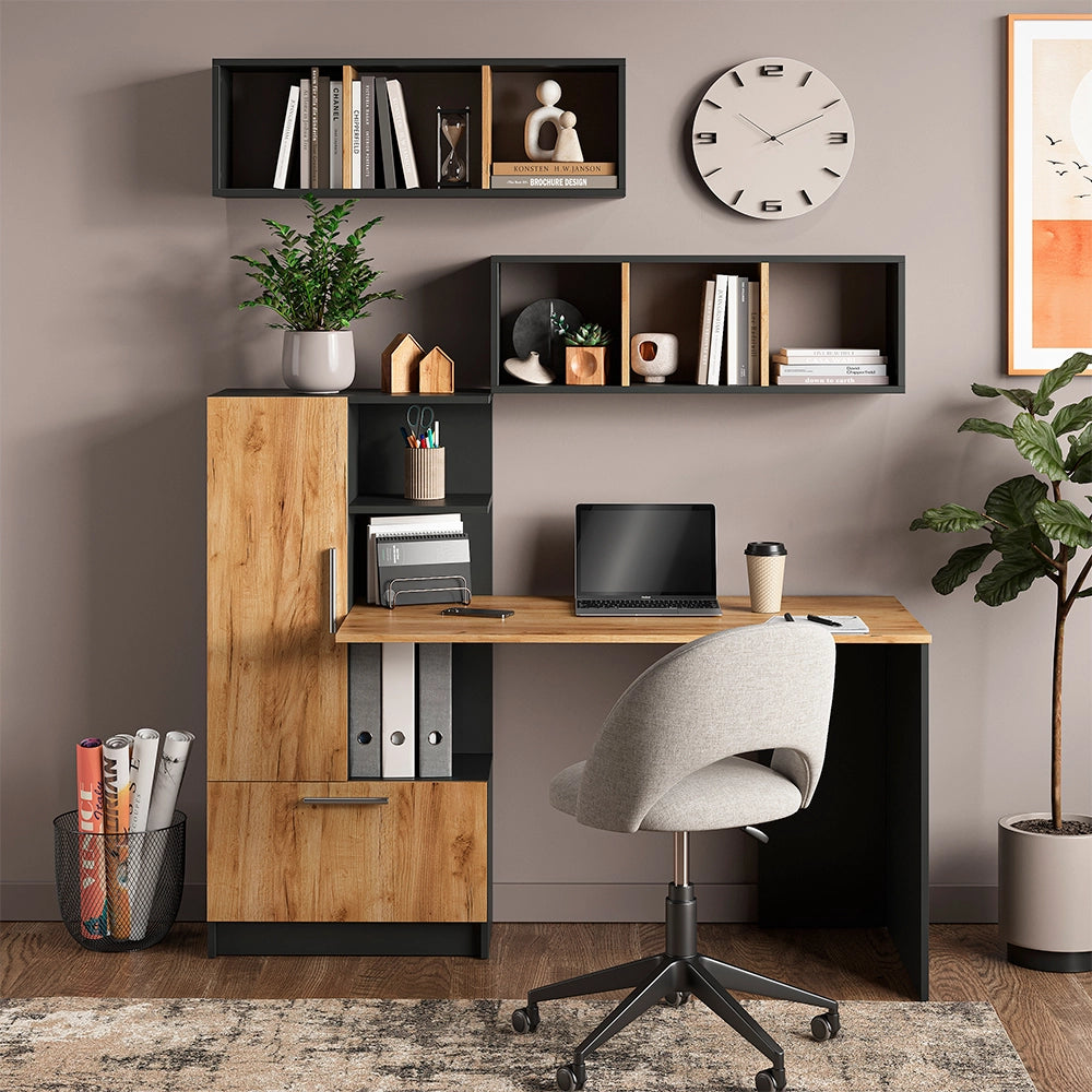 Set scrivania Tomy Antracite/Rovere dorato 150 x 59 cm Set di 3 come 2 ripiani + scrivania Vicco