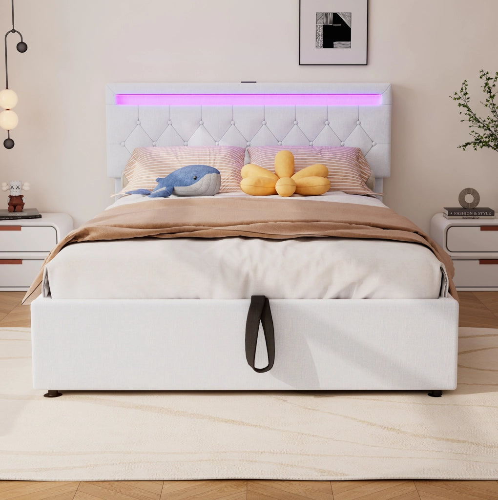 Letto imbottito ULEVR 140x200 cm con contenitore idraulico, LED multicolore, prese USB e USB-C, lino bianco