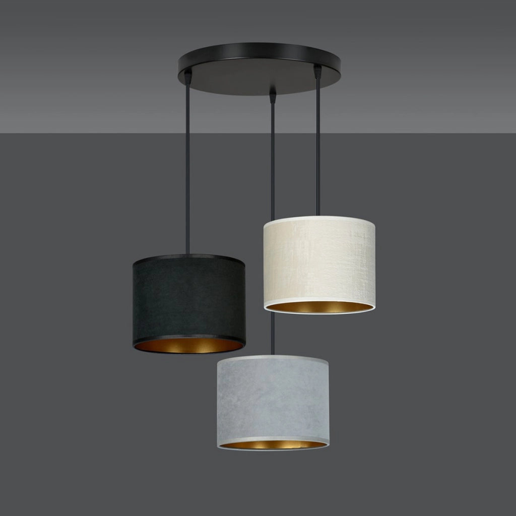 Lampada a sospensione Hilde a tre luci in tessuto effetto velluto