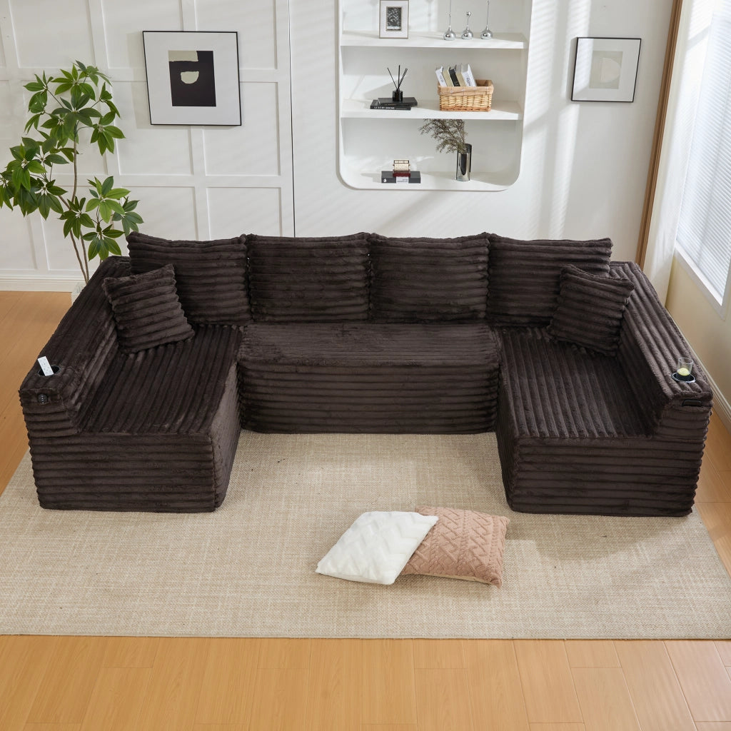 Divano modulare a U con portabicchieri e tasche laterali in corduroy marrone 320 × 155 × 88 cm