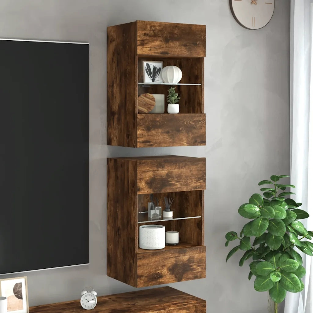 Mobili TV a Parete con Luci LED 2pz Rovere Fumo 40x30x60,5 cmcod mxl 134115