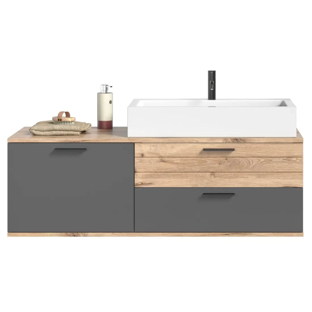 Set da bagno: mobile sotto lavabo + colonna di stoccaggio + mezza colonna + specchio – Grigio antracite e rovere chiaro –
