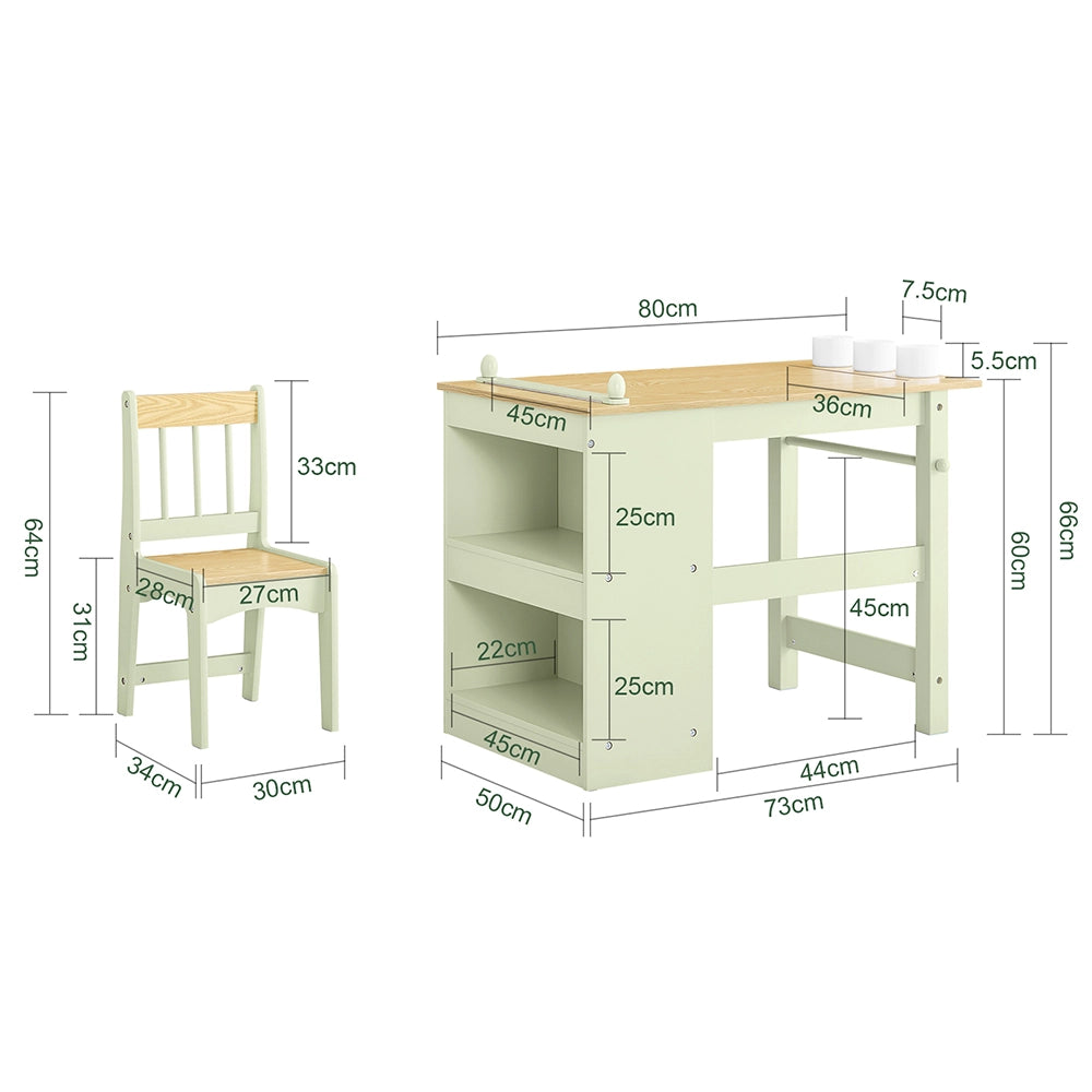 SoBuy Tavolino Bambini con 1 Sedia, Set Tavolo e Sedie per Bambini Multiattività con 2 Ripiani, Tavolo Disegno e Gioco, Sedia Scrivania Cameretta Verde 80x50x66cm KMB60-GR