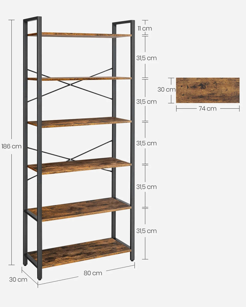 Libreria a 6 ripiani con struttura in acciaio per soggiorno ufficio ingresso stile industriale 80 x 30 x 186 cm marrone 12_0005452