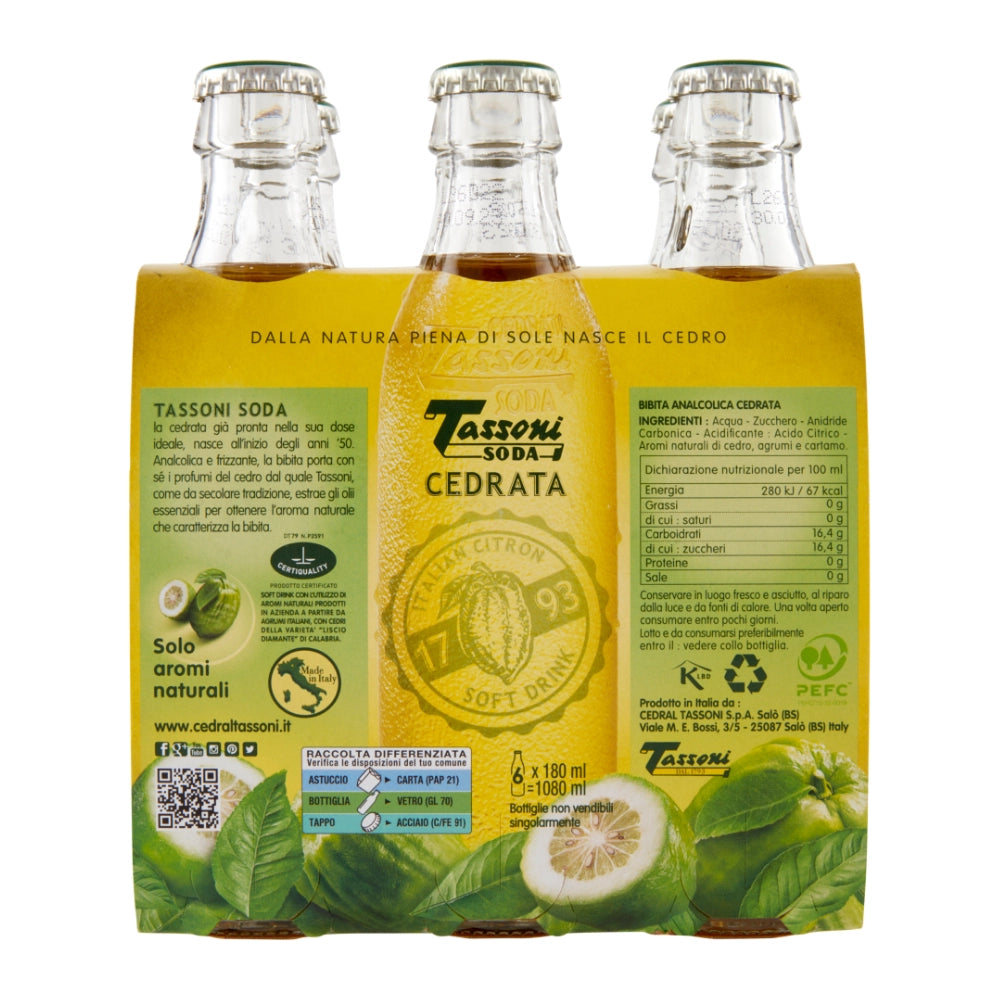 Tassoni soda cedrata solo aromi naturali 6 bottigliette da 180 ml