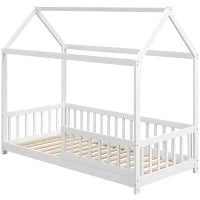 Struttura Letto per Bambini a Forma di Casetta con Doghe e Recinzione, in Legno di Pino, 96x195x165 cm, Bianco
