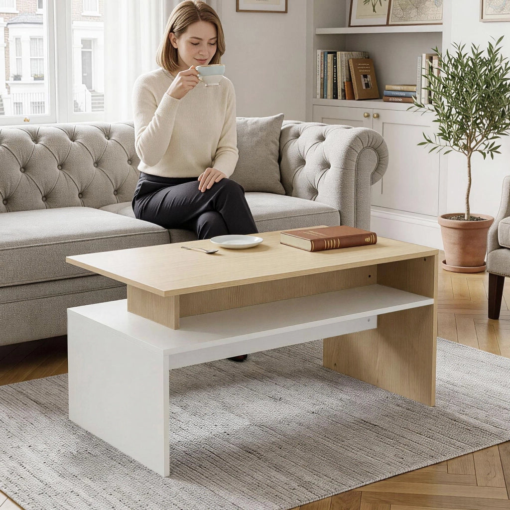 Tavolino da caff¨¨ con cassetto ¨C Zephmum ¨C 95x55x50 cm, naturale e bianco