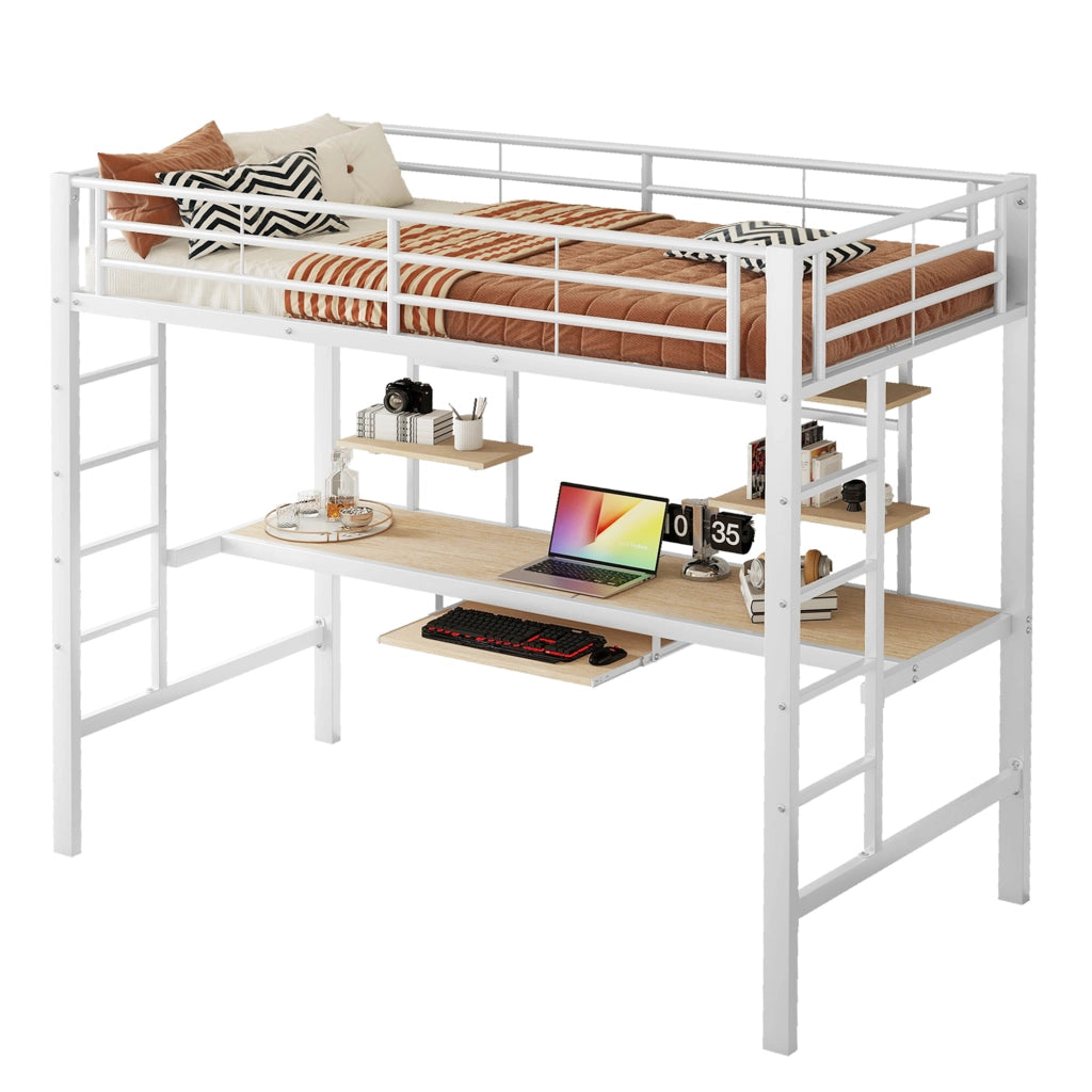Letto a soppalco 90 × 200 cm con scrivania, 2 librerie e scala, senza materasso, in metallo bianco