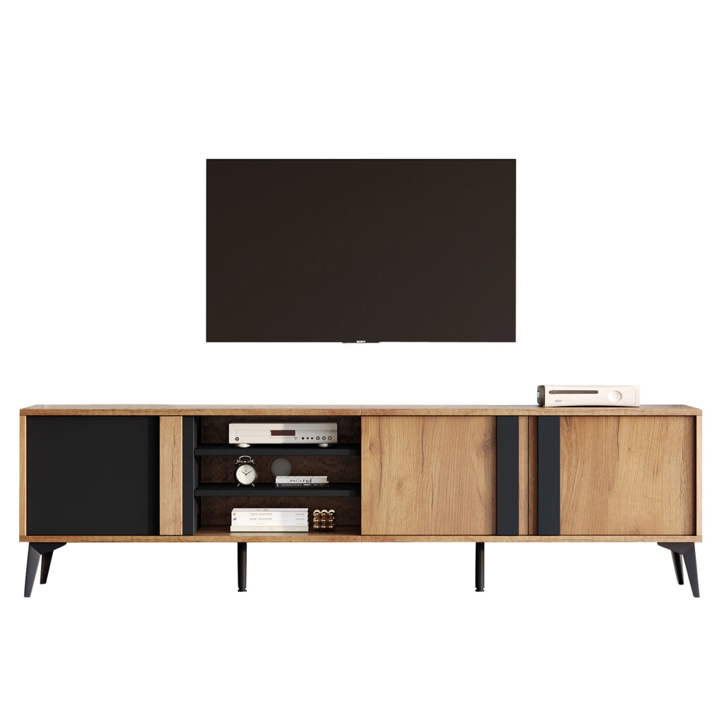 Mobile TV con 3 ante e 4 vani aperti; passacavi e piedi regolabili; per soggiorno; 180 × 40 × 50 cm; in truciolare; nero e marrone