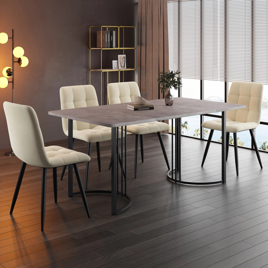 Tavolo da pranzo per 4 persone con 4 sedie in velluto, piano in MDF effetto marmo, gambe in metallo, grigio 140 × 80 cm