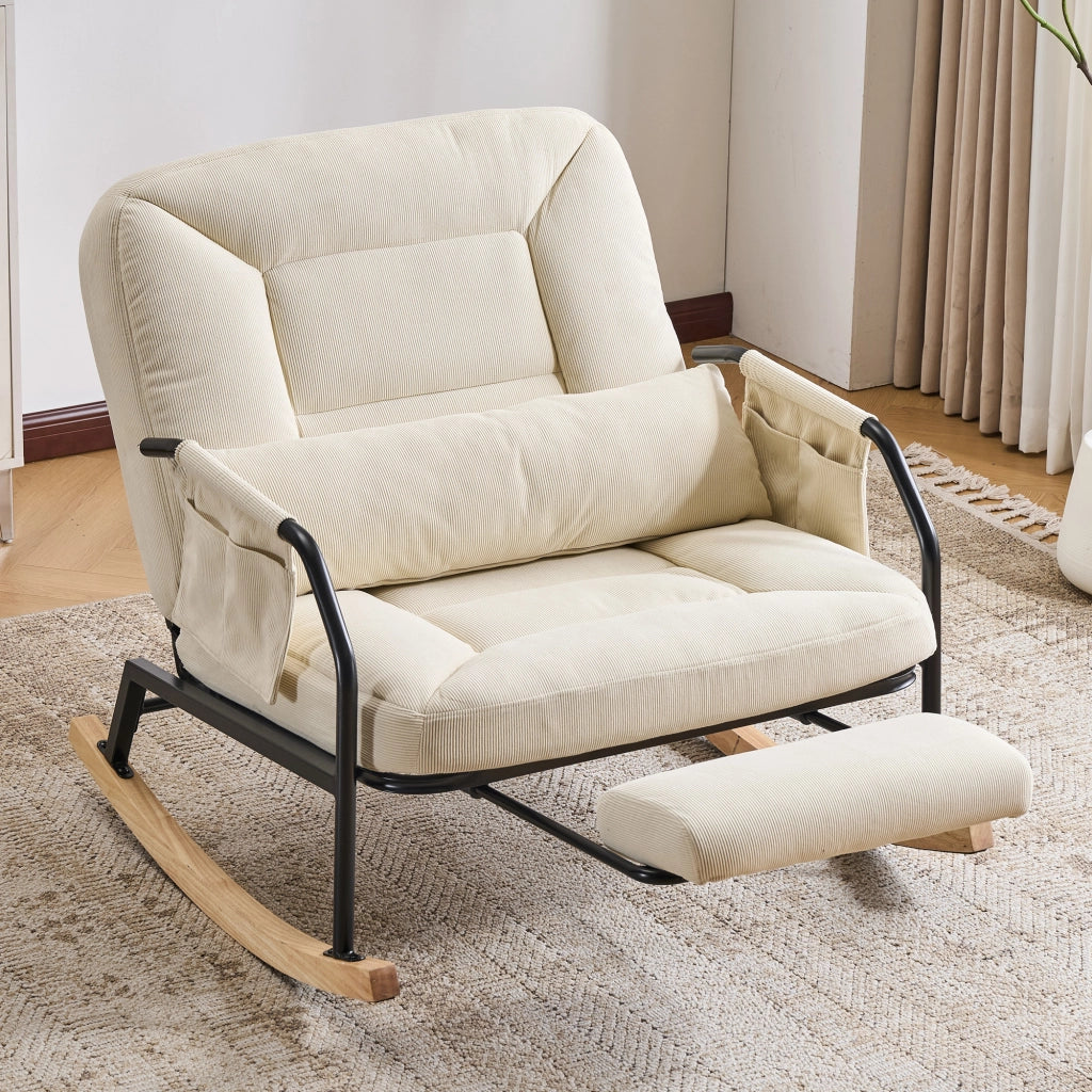 Poltrona a dondolo con schienale reclinabile poggiapiedi e tasche laterali in velluto a coste beige