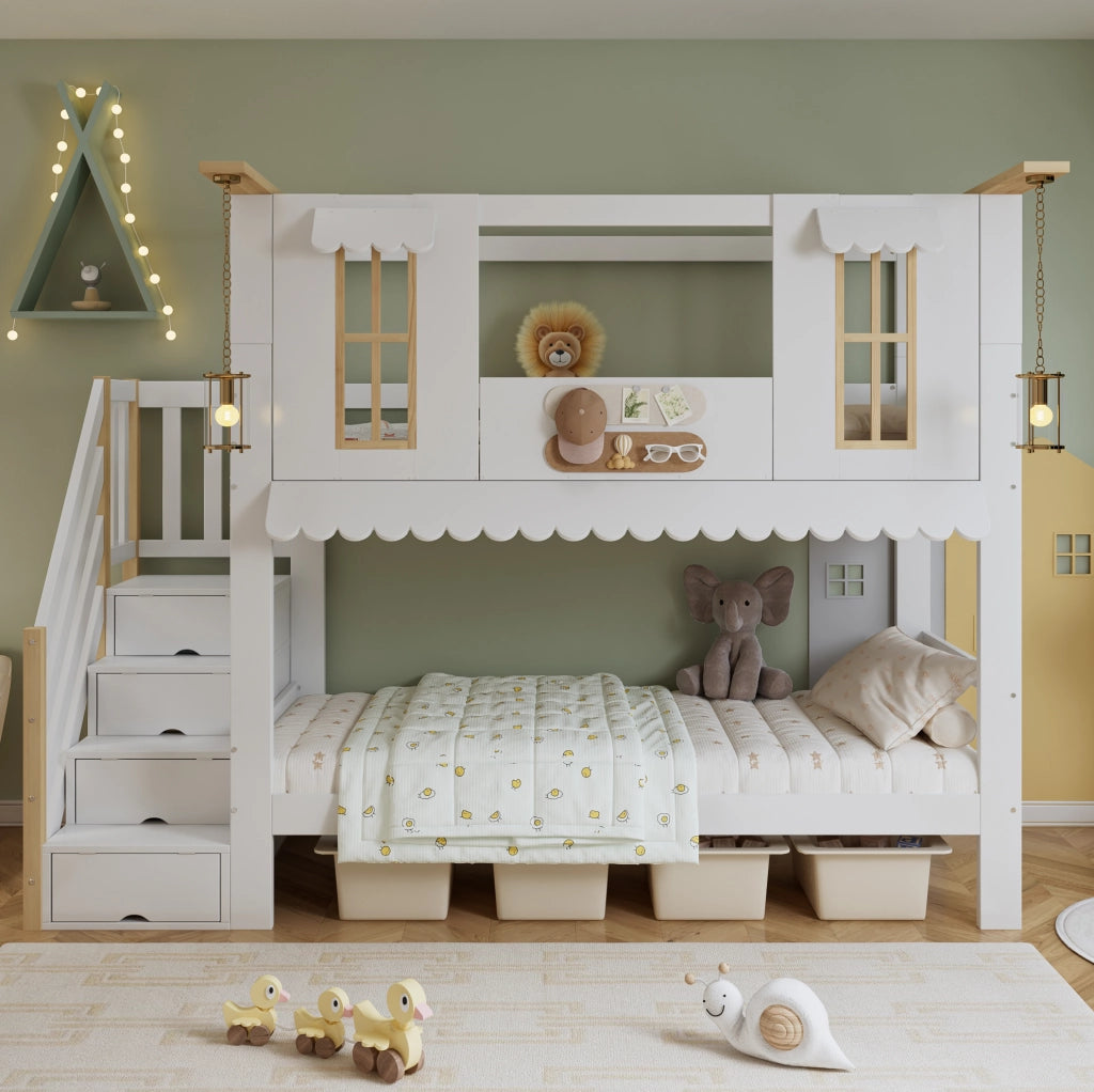 Letto a castello per bambini 90x200 cm bianco e naturale con scala contenitore