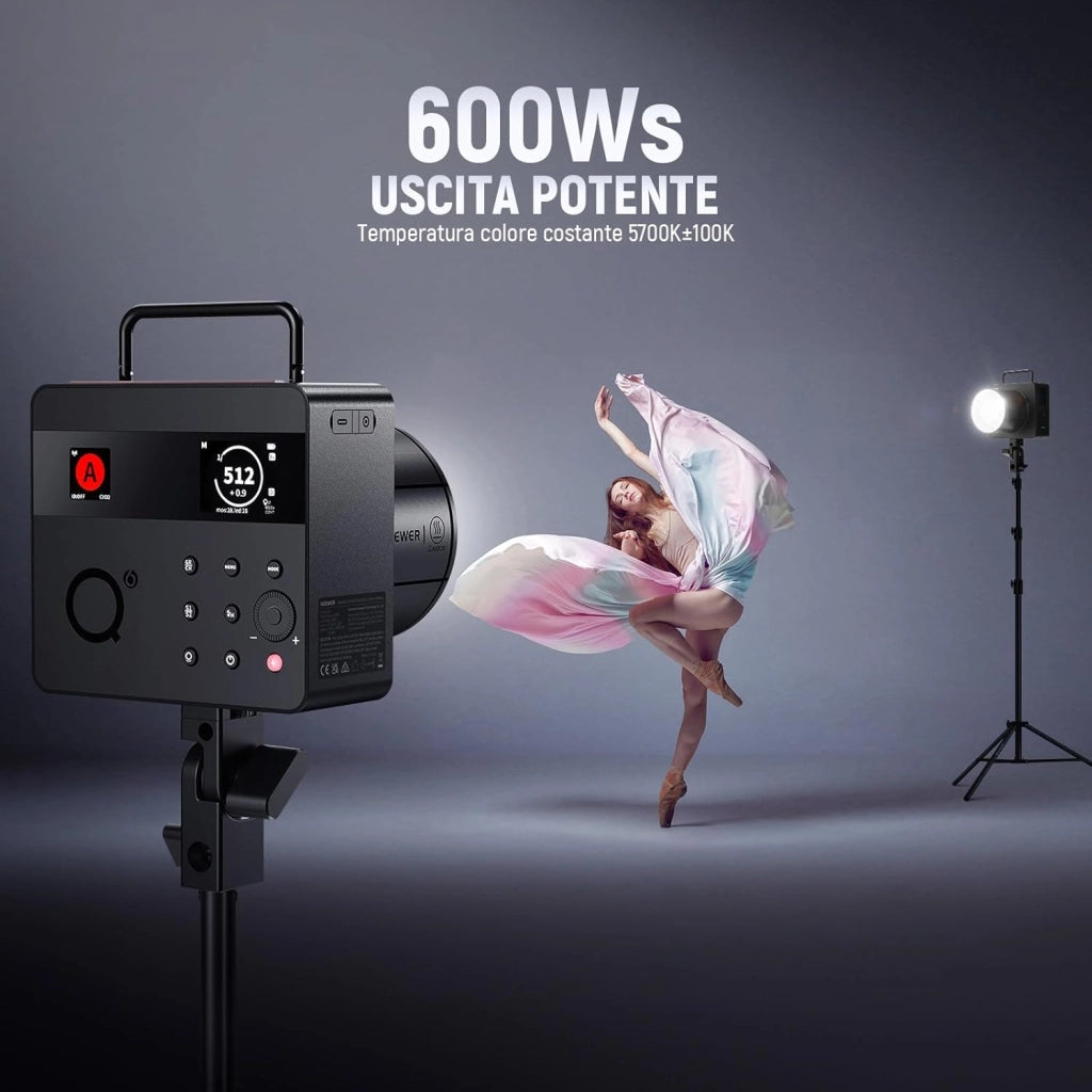Q6 Flash da Studio Esterno TTL 2.4G 600Ws, Controllo App, 1/1 a 1/512, HSS 1/8000s Batteria 3000mAh, Luce Strobo con Lampada Pilota LED Bicolore 30W/400 Flash a Piena Potenza/Riciclo 0,01-0,9s