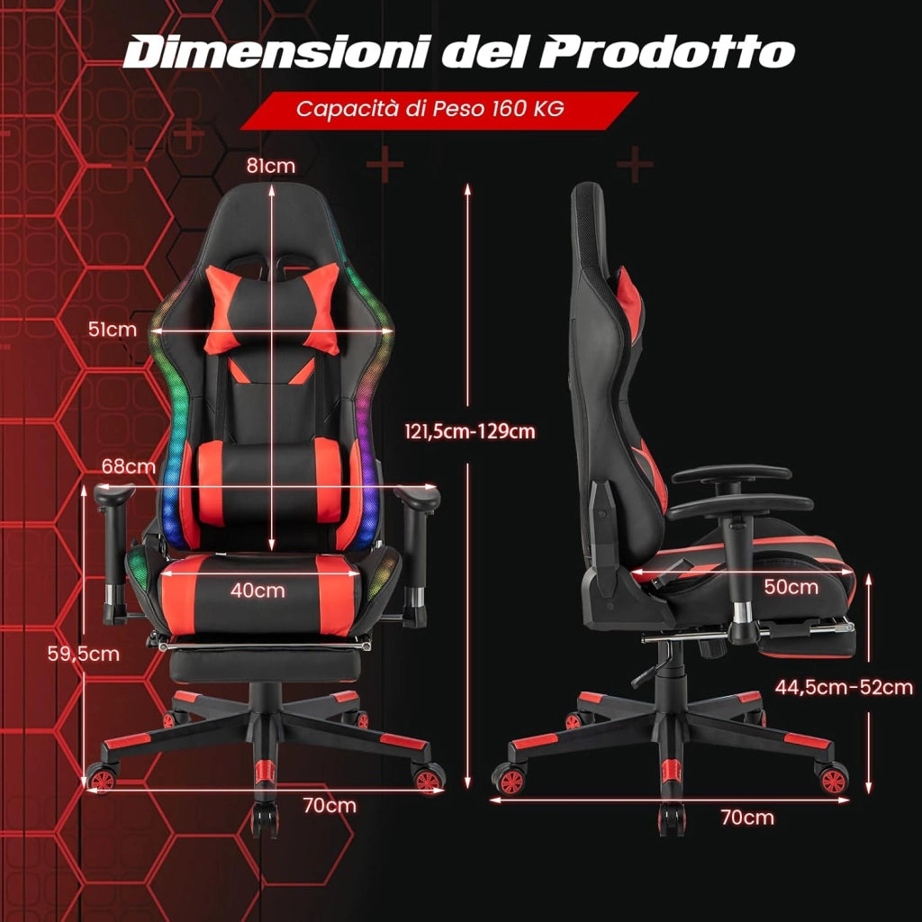Sedia da Ufficio Ergonomica per Computer con Altezza Regolabile, Sedia da Gaming con Luci RGB LED, Schienale e Braccioli Regolabili, Poggiapiedi Estraibile e Supporto Lombare (Rosso)