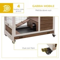Conigliera in Legno con 4 Ruote, Casetta per Conigli e Rampa, 90x53x59cm, Marrone