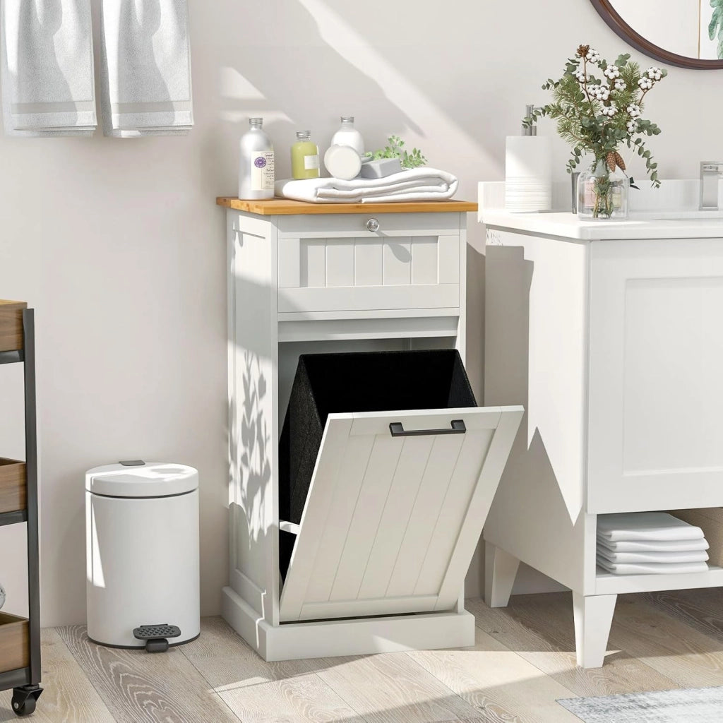 Armadio per Lavanderia in Legno con Cassetto e Cesto Estraibile per Biancheria, 40 x 37 x 82 cm, per Bagno (Bianco)