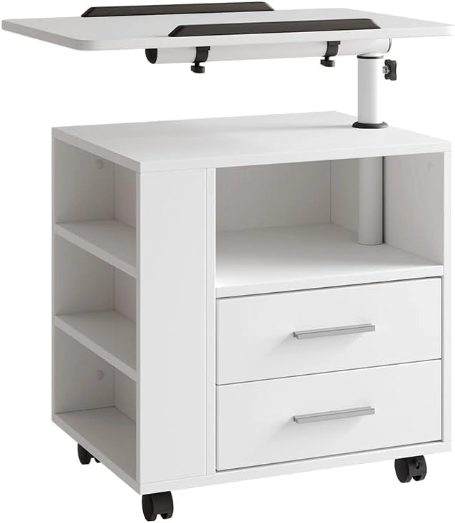 Comodino Bora, Bianco, 60 x 69 cm con 2 cassetti, con piano di lavoro girevole e ruote per un utilizzo flessibile