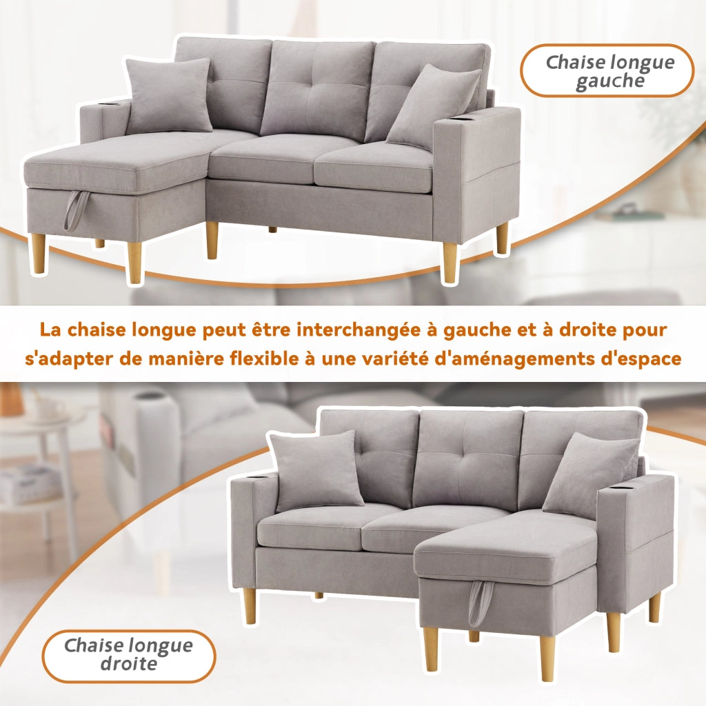 Divano Chaise Longue Reversibile 3 Posti con Vano Contenitore, Portabicchieri e 2 Cuscini in Cotone Lino Grigio Chiaro 175 × 129 × 90 cm