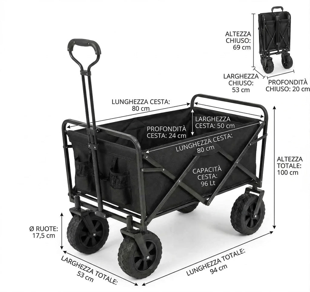 Carrello Pieghevole Trasporto per Spiaggia, Giardino e Spesa. 96 Litri, Max 65kg. Colore: nero