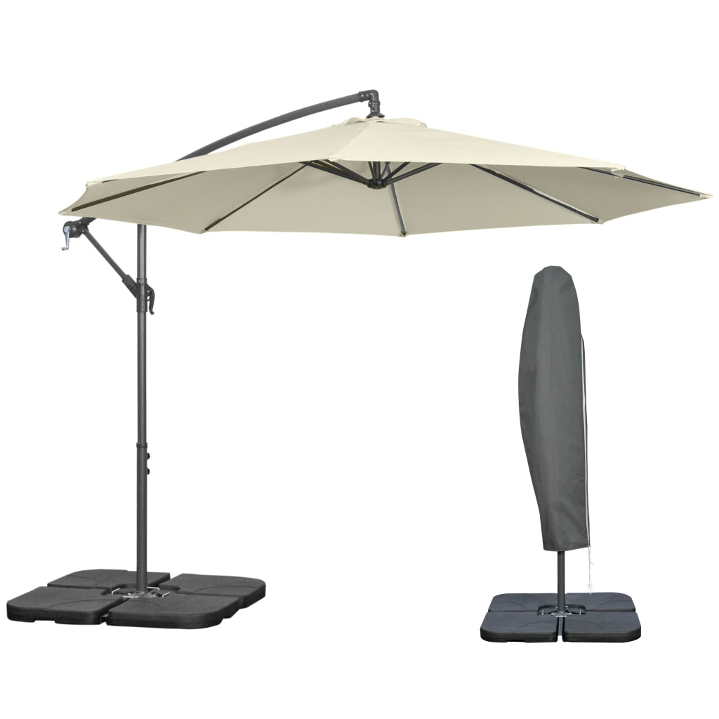 Ombrellone Decentrato a 6 Stecche con Manovella e Base a Croce, in Metallo e Poliestere, ?292x247 cm, Beige