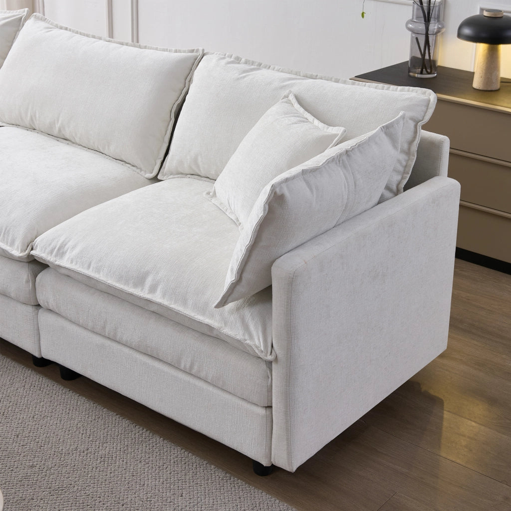 Divano angolare modulare 3 posti con pouf in ciniglia beige