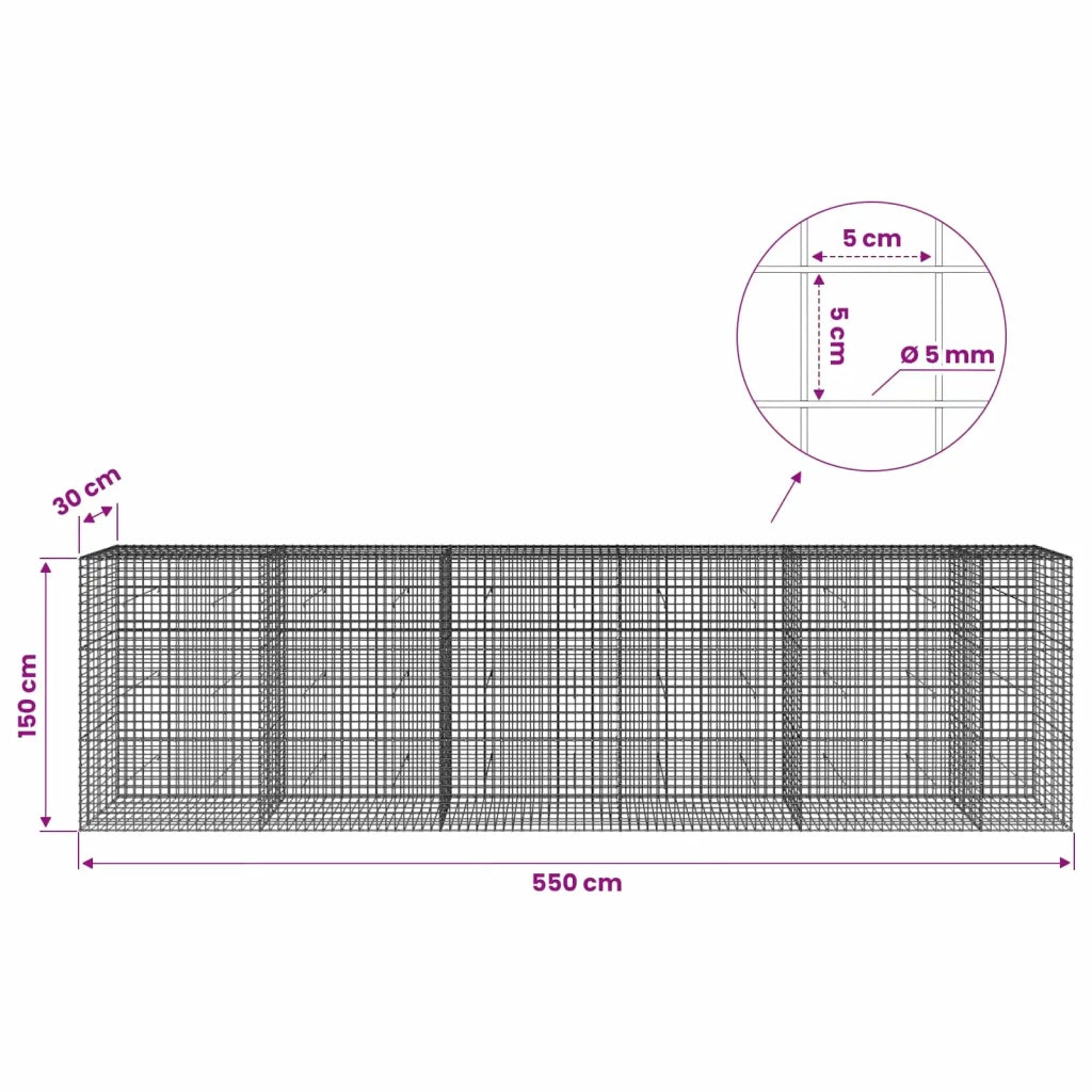 Gabione con filo da 5 mm e rete da 5x5 cm 550x30x150 cm 3464189