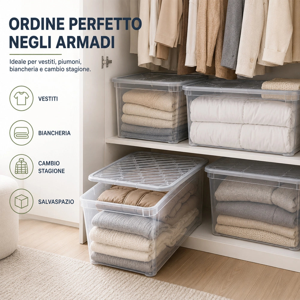 Set 4 Pezzi Contenitori con Coperchio 57x39x42 cm Storage Box Marea Capienza 67L in Plastica Trasparente