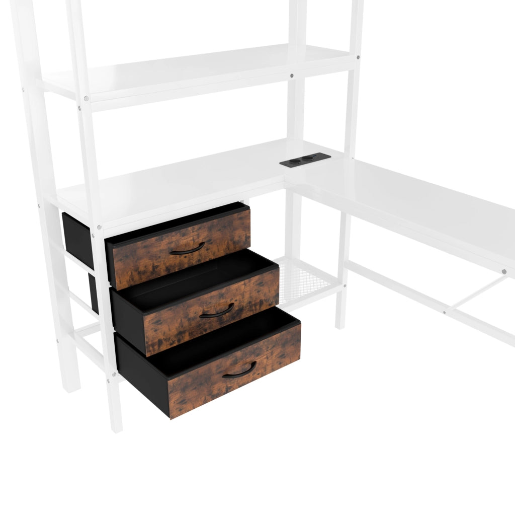 Letto a soppalco 90x200 cm bianco con scrivania, LED, USB e 3 cassetti