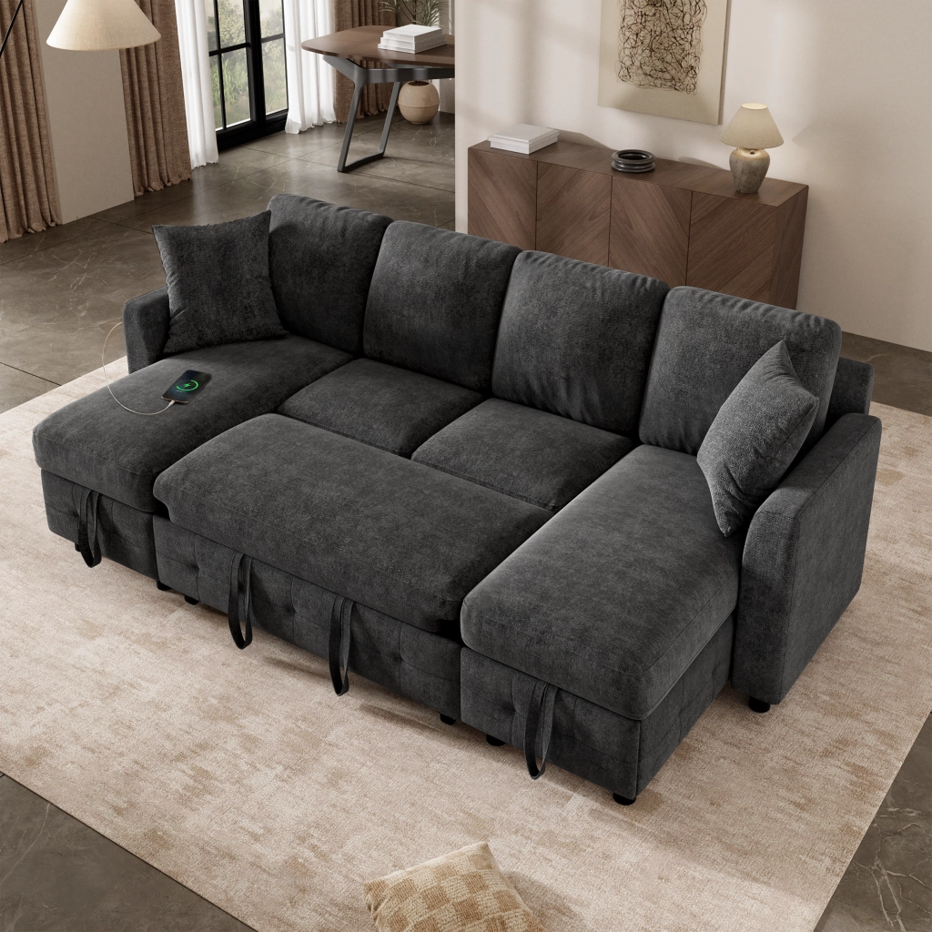 DIVANO LETTO a U con funzione estraibile, 260x128x82 cm, grigio scuro, in chenille