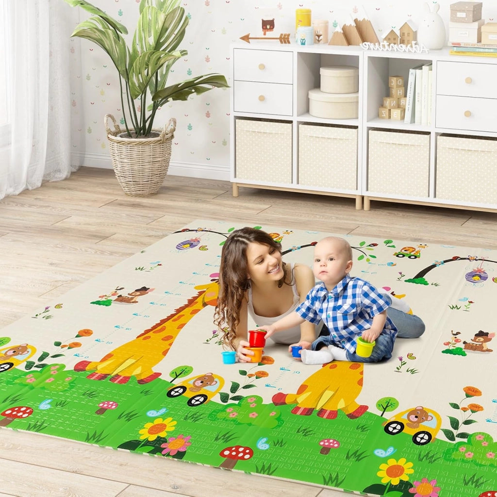 Tappeto Gioco per Bambini Pieghevole, Tappeto per Pavimento Grande da 200 x 180 cm con Borsa da Trasporto per Interni ed Esterni, Tappeto Impermeabile e Reversibile per Bambini, Neonati