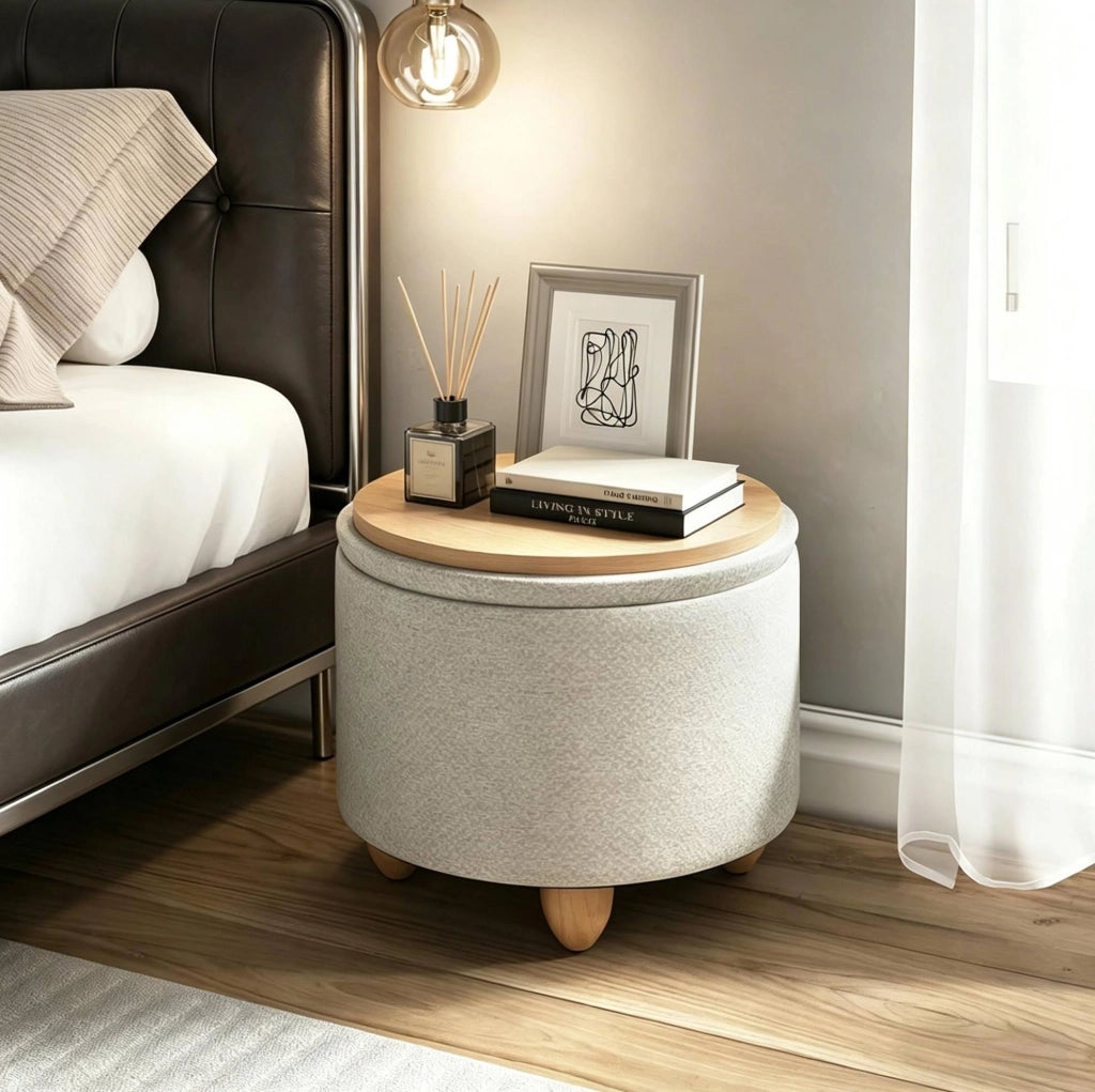 Pouf contenitore rotondo in lino color crema con vassoio