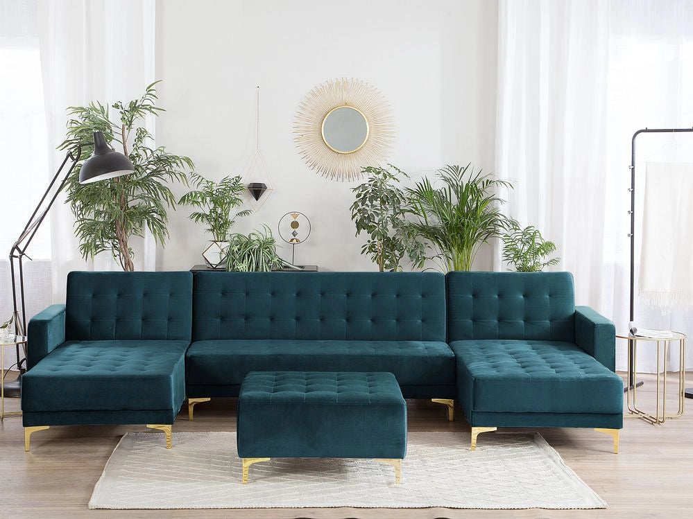 Divano letto ad angolo in tessuto trapuntato in velluto verde acqua moderno a forma di U componibile a 5 posti con chaise longue ottomane