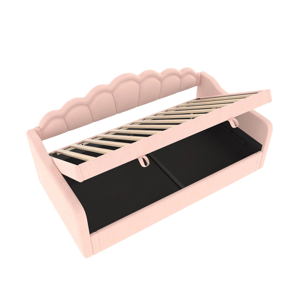 Divano letto singolo 90x200 cm in velluto rosa con contenitore; LED e testiera ondulata
