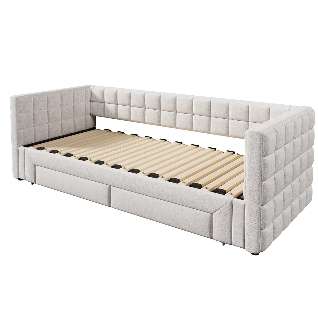 Letto a divano 90x200 cm estensibile; 2 cassetti; velluto; beige; (Senza materasso)