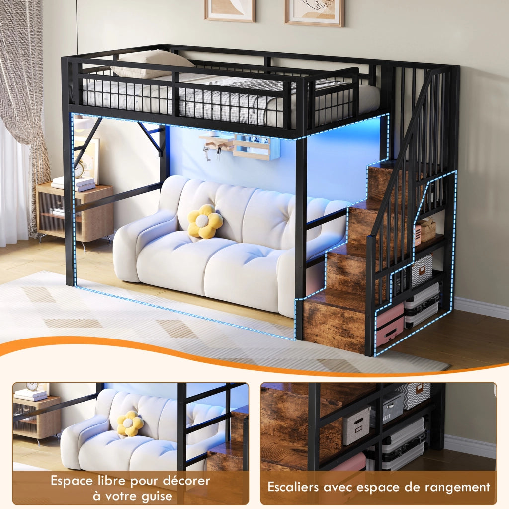 OKWISH Letto a Soppalco 90×200 cm, Letto Singolo con LED Regolabile, Scala con Contenitori e Spazio Libero, senza Materasso, in Metallo, Nero