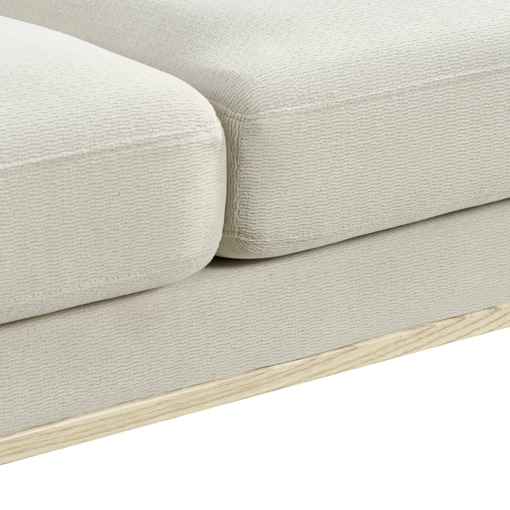 Divano a due posti con porta USB, cuscino spesso e braccioli sagomati per piccoli spazi in legno e tessuto beige